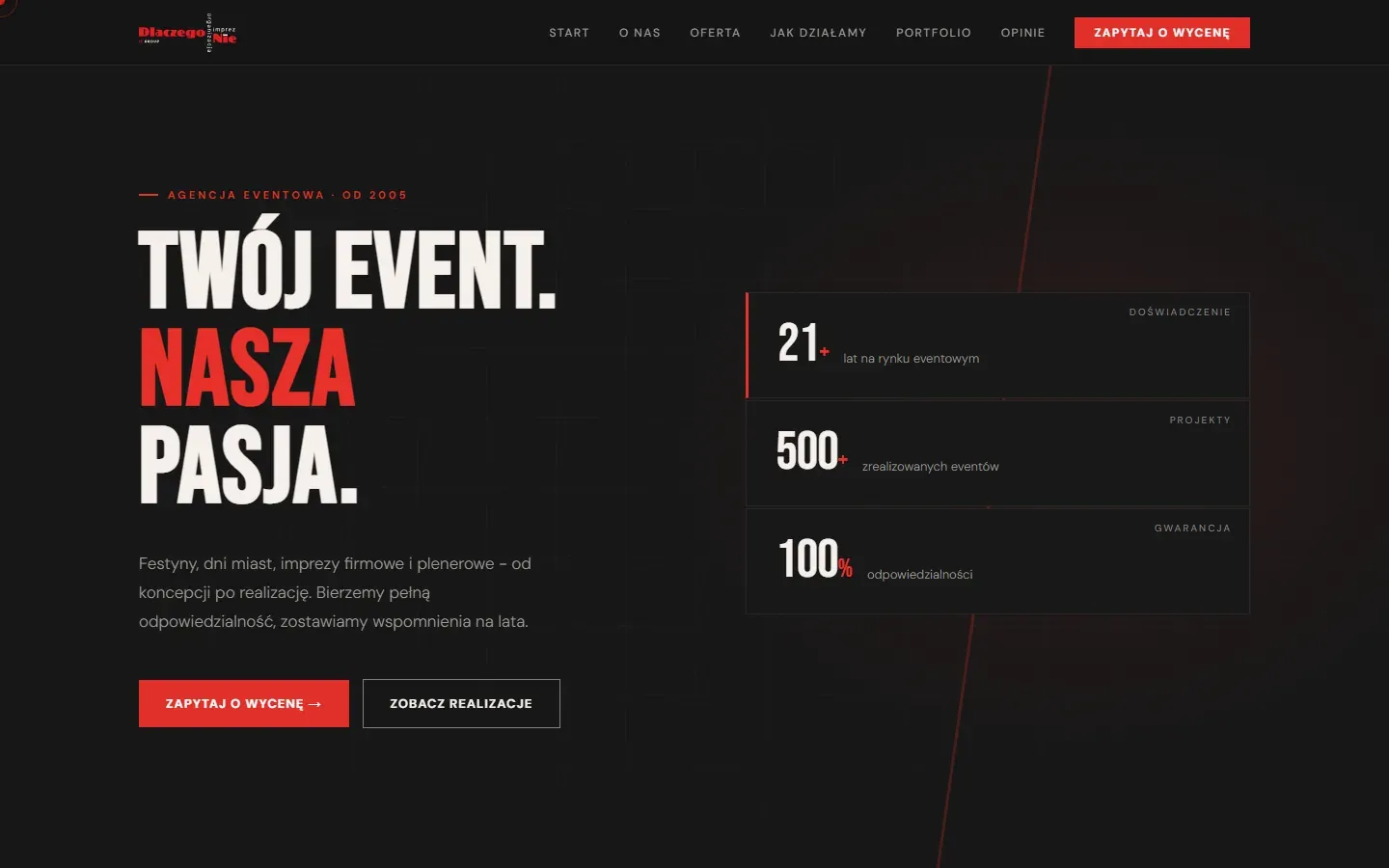 Strona dlaczego-nie.com na komputerze - pierwszy ekran z hasłem Twój event. Nasza pasja. i liczbami: 21 lat, 500 eventów.