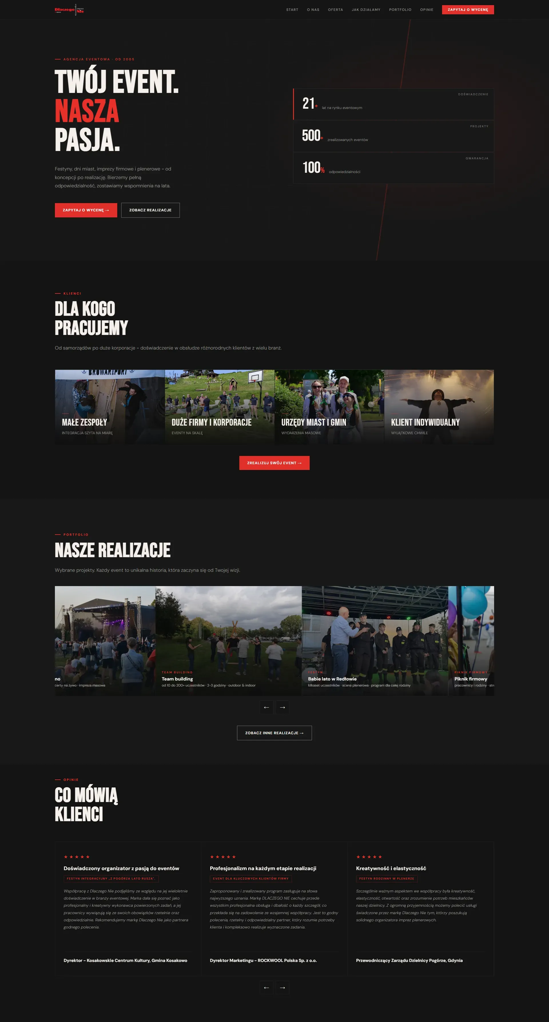 Nowa strona dlaczego-nie.com - hero ze skalą firmy, sekcja klientów, portfolio realizacji i referencje z podpisami