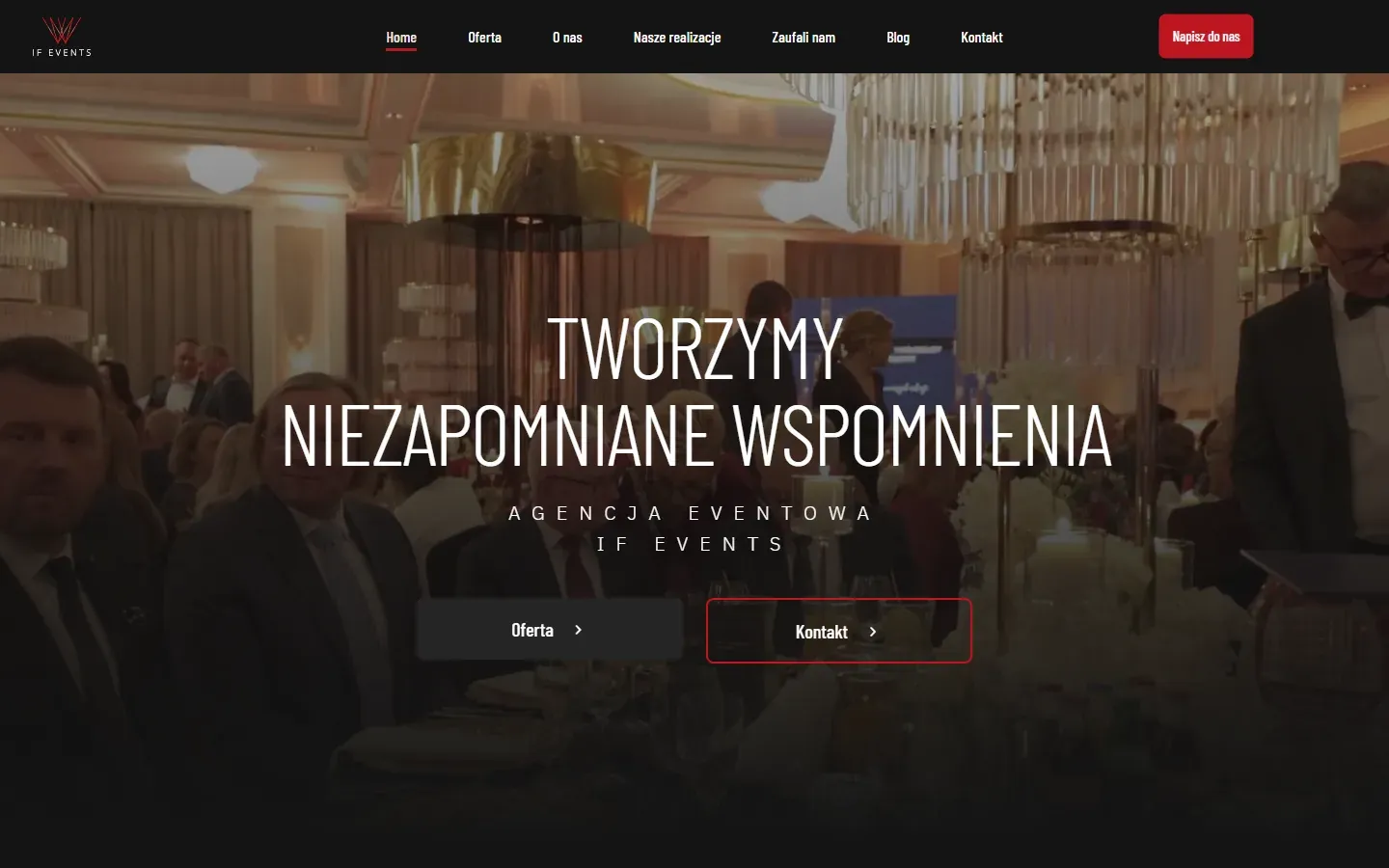Strona ifevents.pl na komputerze - pierwszy ekran z hasłem Tworzymy niezapomniane wspomnienia i przyciskami Oferta oraz Kontakt.