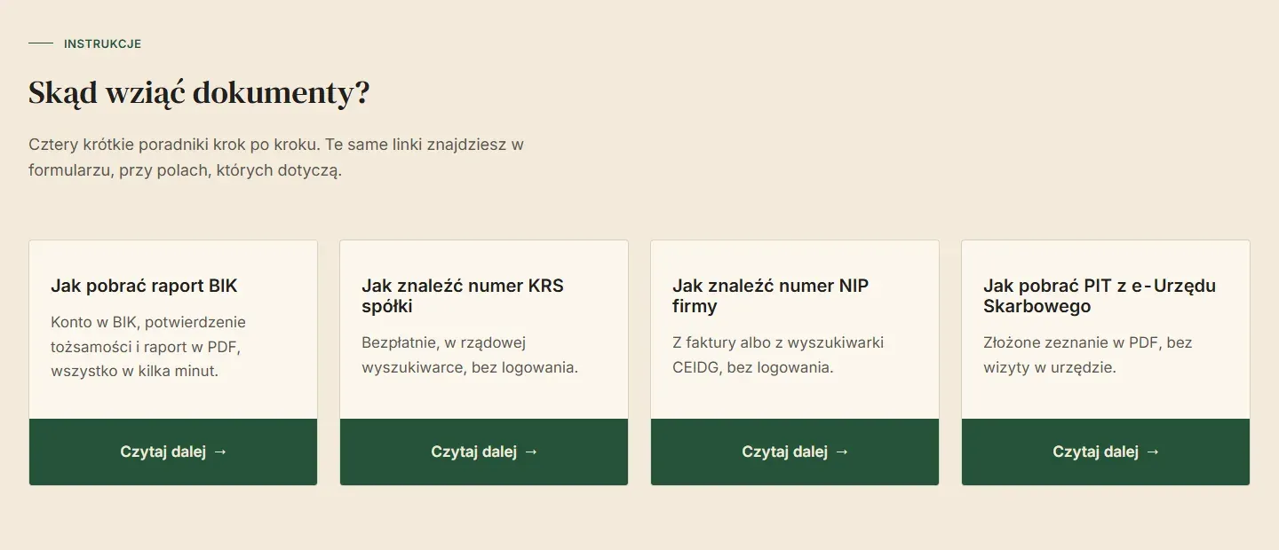 Sekcja Skąd wziąć dokumenty?: cztery krótkie poradniki - raport BIK, numer KRS spółki, numer NIP firmy i PIT z e-Urzędu Skarbowego.