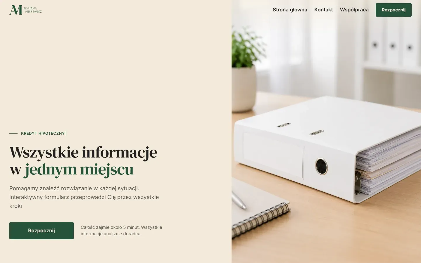 Strona kancelaria-miszewicz.pl na komputerze - pierwszy ekran z hasłem Wszystkie informacje w jednym miejscu i przyciskiem Rozpocznij.