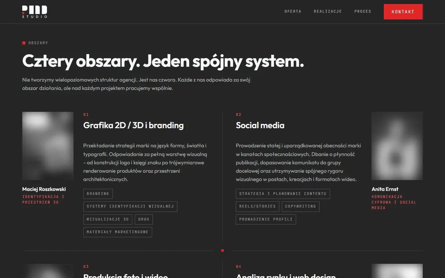 Strona pmdstudio.pl na komputerze - sekcja Obszary z nagłówkiem Cztery obszary. Jeden spójny system. oraz kartami Grafika 2D/3D i branding oraz Social media, każda z rozmytym portretem osoby odpowiedzialnej za obszar.